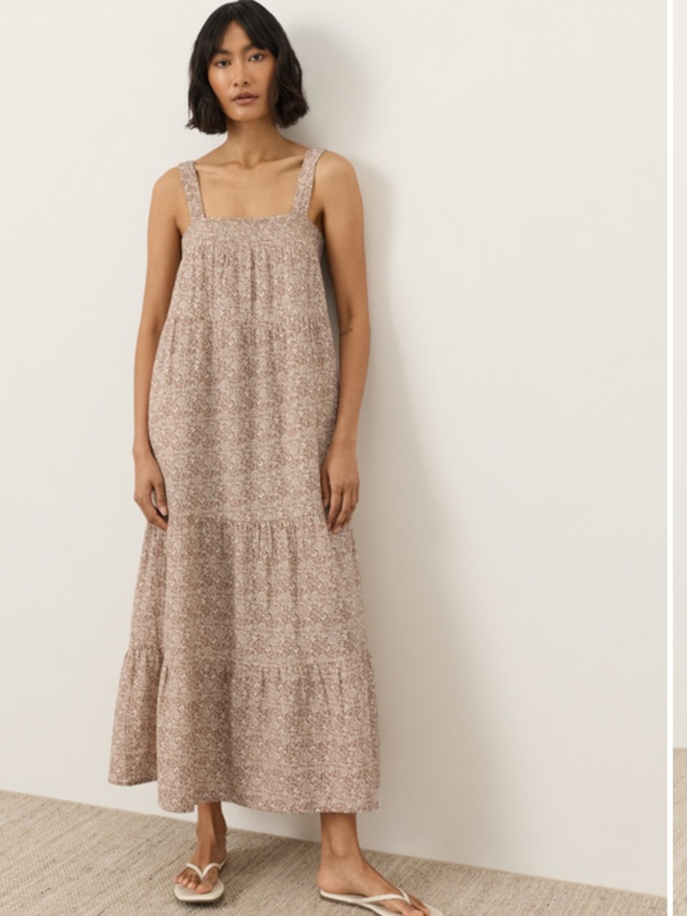 Pact Organic Coastal Double Gauze Strappy Tiered Maxi Dress in Driftwood Brown